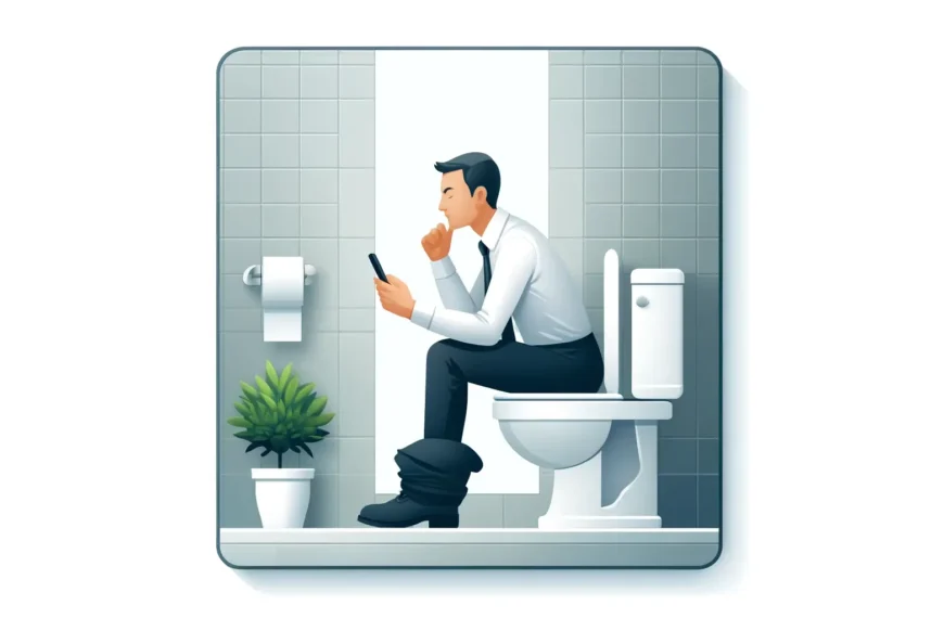 화장실에서 휴식을 취하는 현대 직장인을 묘사합니다. 비즈니스 복장을 한 사람은 편안해 보이며 스마트폰을 사용하는 것 같습니다. 깨끗하고 미니멀한 사무실 욕실이 있어 고독과 잠깐의 휴식을 강조합니다. 변기에 오래 앉아있으면 발생하는 문제가 종종 이런 습관 때문일 수 있음을 시사해 줍니다.